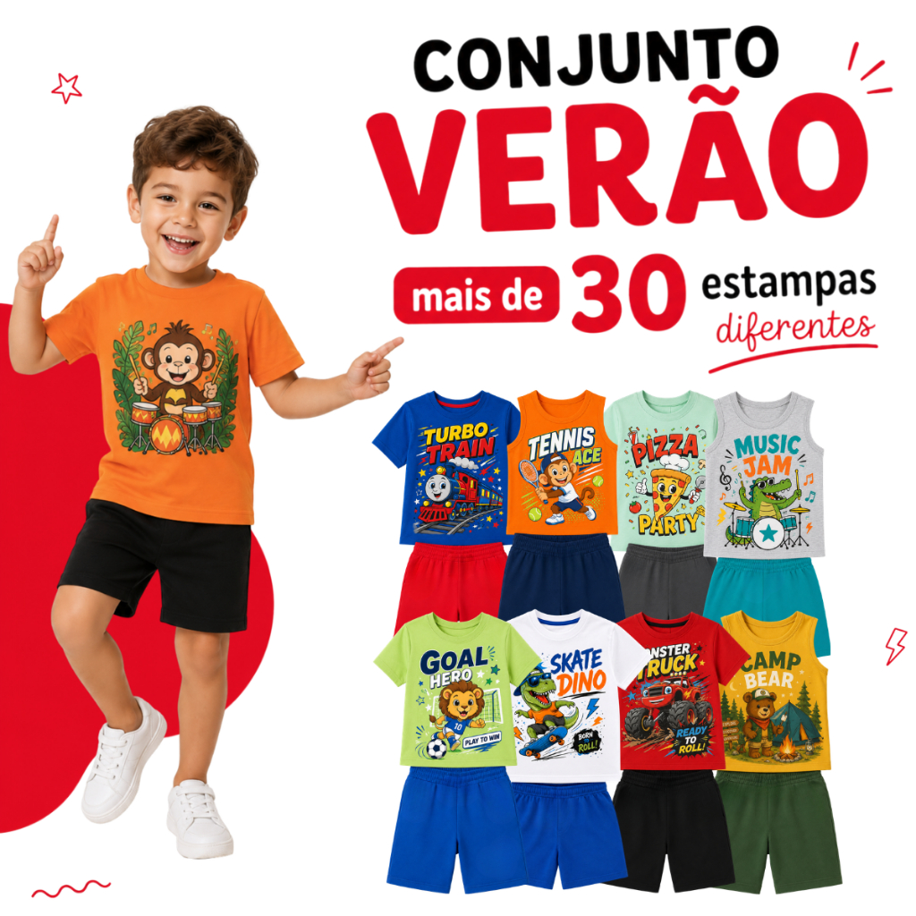 Kit 4 Peças Conjunto Infantil Menino Verão Algodão 2 Camisetas + 2 Shorts Roupa Infantil Masculina Sortida 1 a 8 Anos