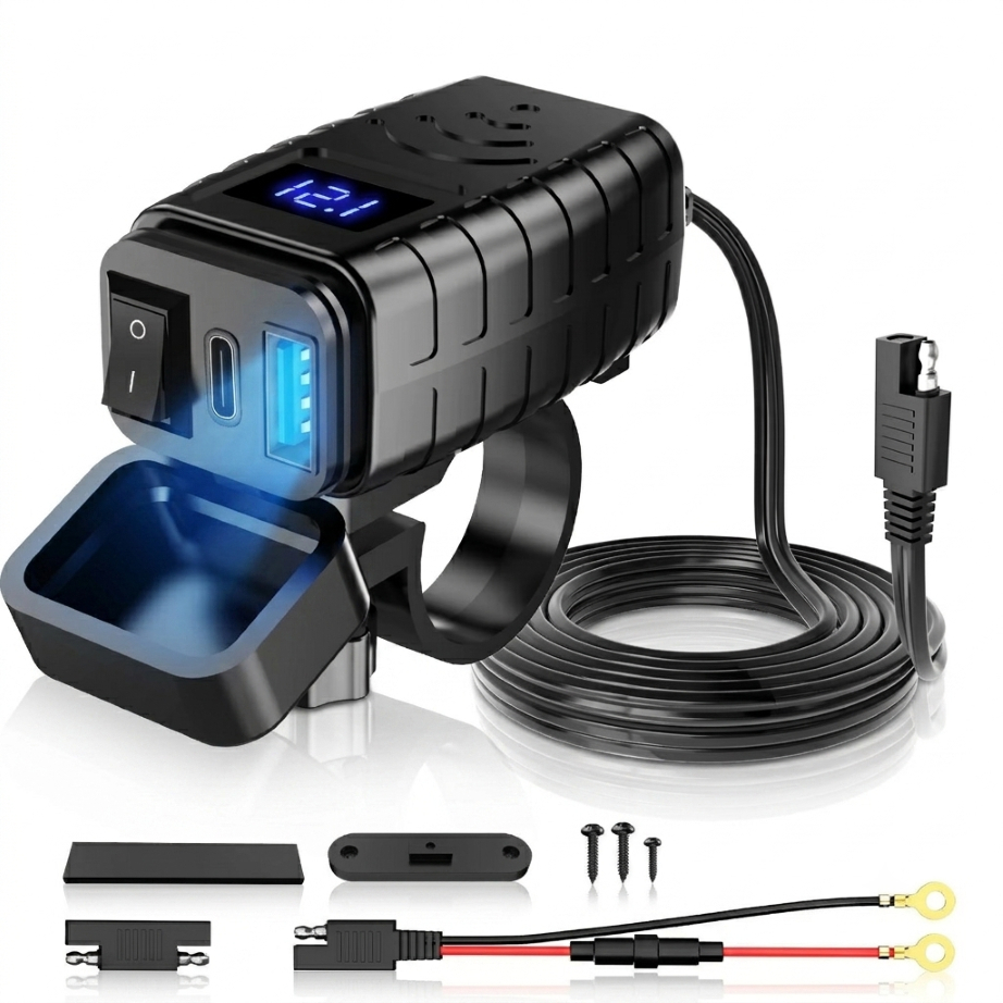 Carregador USB Moto PD 30W QC3.0 Tipo C Voltímetro Digital Interruptor 12V Supor