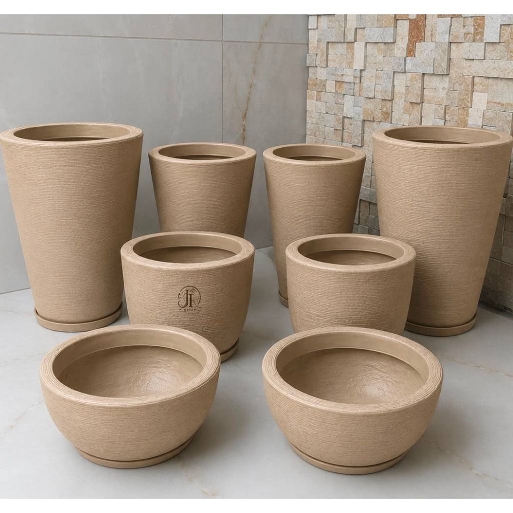 Kit 8 Vasos Texturizado Em Polietileno Coluna Redonda N1 N2 + Bojo + Bacia Para Plantas ou Flores Decor