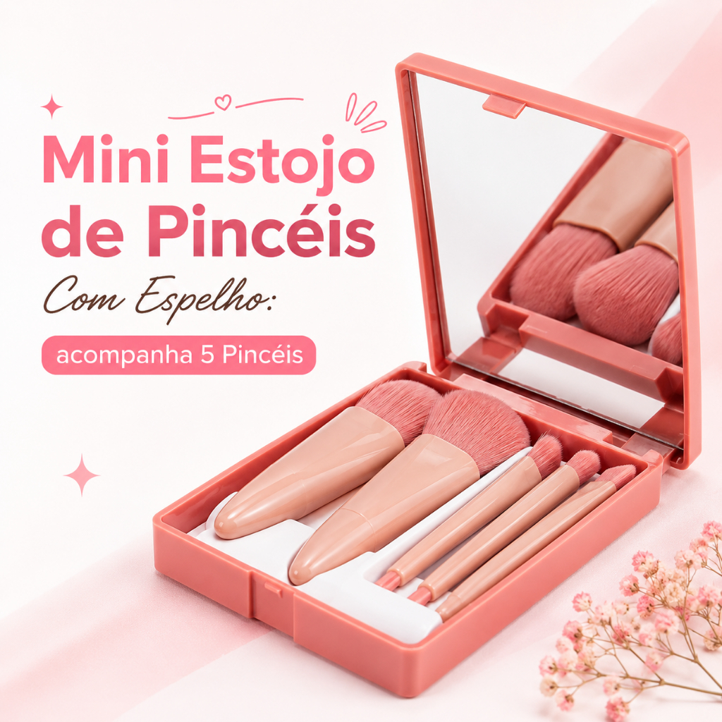 Mini Estojo de Pincéis de Maquiagem com espelho - Kit de Pincéis de Maquiagem - Acompanha 5 Pincéis