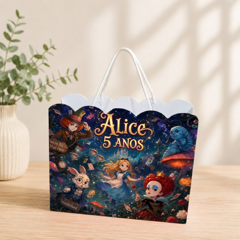 Sacolinha Personalizada Alice no País das Maravilhas Pegue e Monte Lembrancinha Aniversário Infantil Mimos Festa