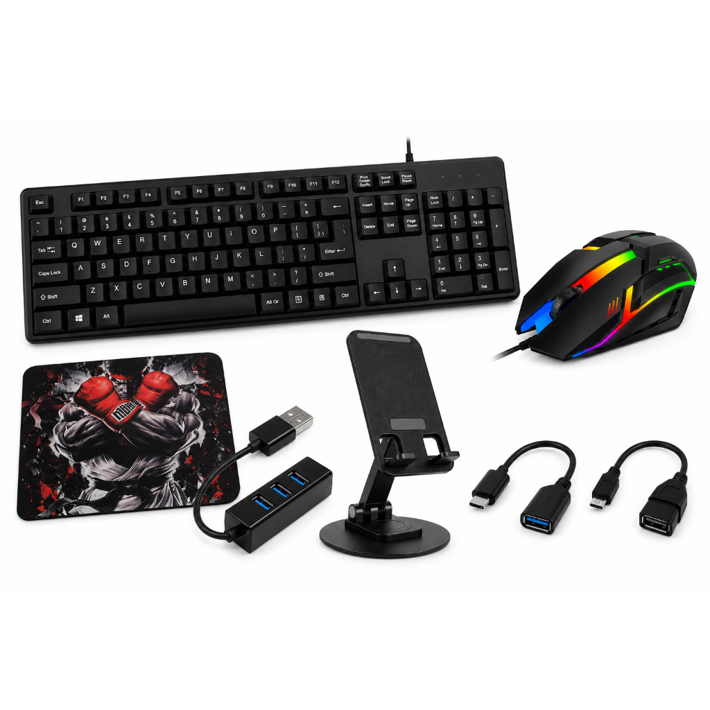 Kit Gamer Mobilador Celular com Teclado, Mouse, Pad, HUB e OTG Tipo C/V8