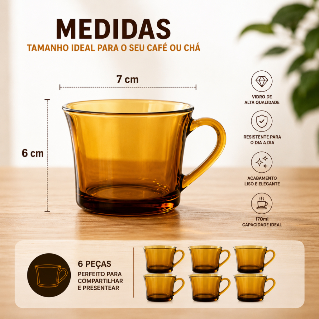 Jogo 6 Xícaras de Vidro Âmbar 170ml para Café e Chá Copo de Vidro Premium Resistente Design Clássico Elegante — imagem 2 de 2
