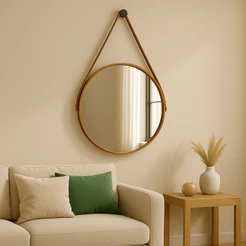 Espelho Decorativo Adnet 40cm Couro Alça Suporte Banheiro Sala Quarto Escritório