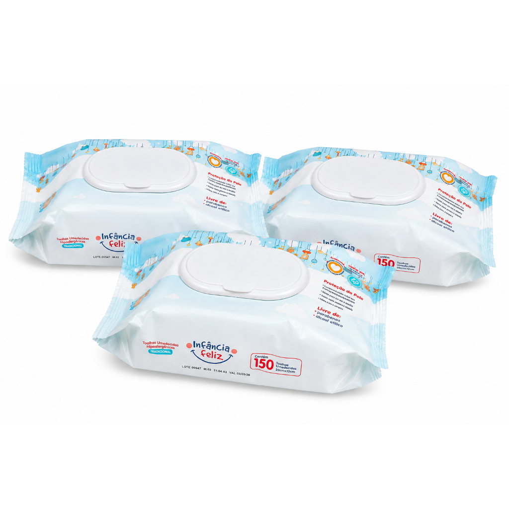 Kit 3 Pacotes Toalhas Umedecidas Infância Feliz 150 Folhas 98% Água Vegano Hipoalergênico Lenço umedecido bebê