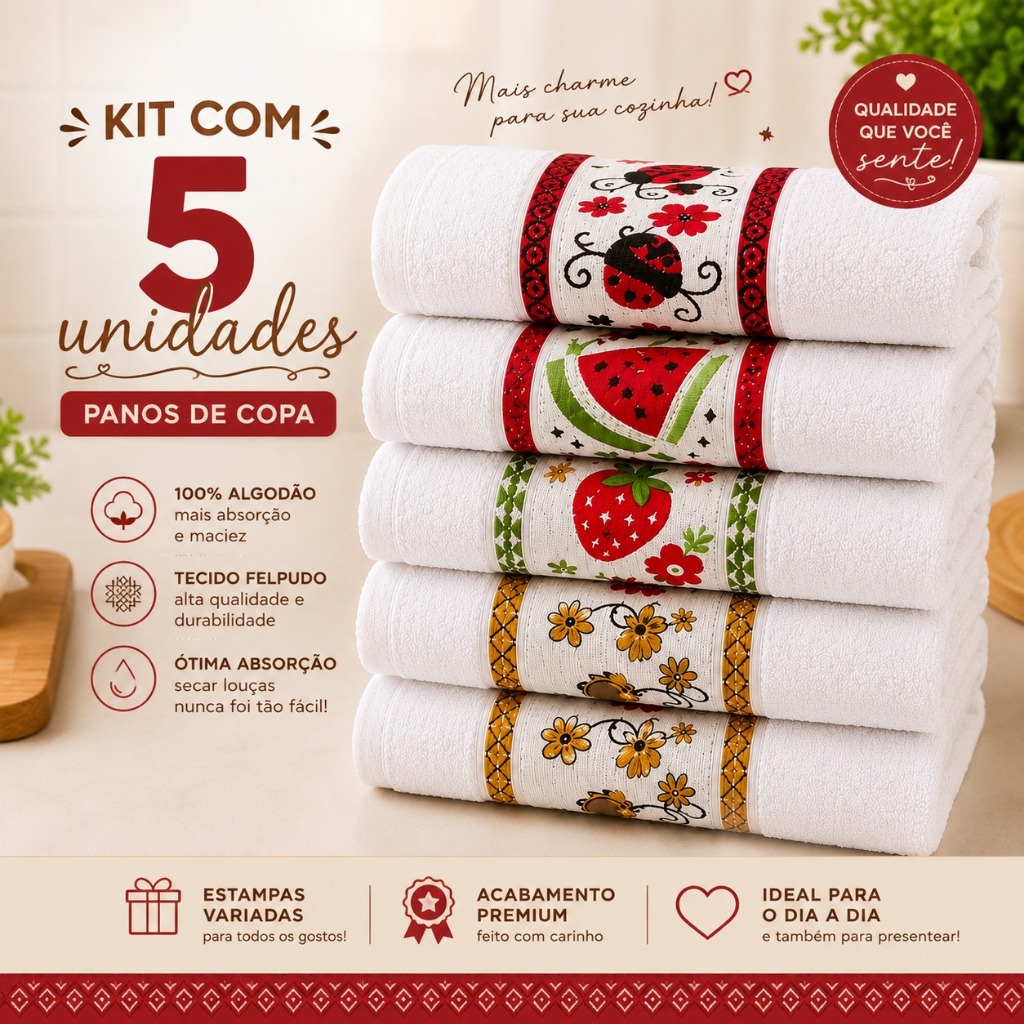 Kit 5 e 3 Panos de Copa Algodão Felpudo Alta Absorção para Cozinha Uso Diário Limpeza Doméstica