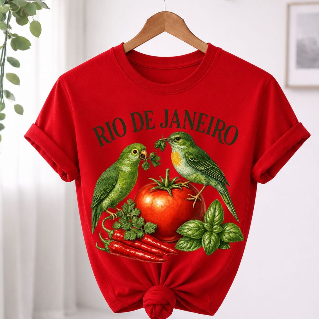 Camiseta Unissex  Estampada Tomate  Pássaros Algodão Premium