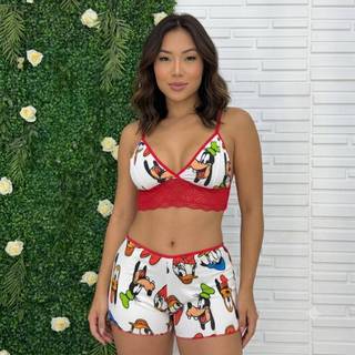 Short Doll Cropped Com Renda Pijama Verão Curto Personagem Premium Algodão Leve Confortável