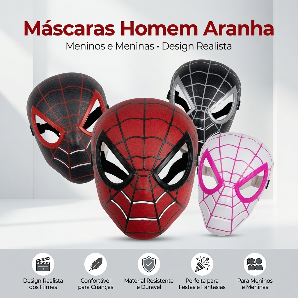 Máscara Homem Aranha Infantil Vermelha Preta Rosa Fantasia Brinquedo Herói Criança