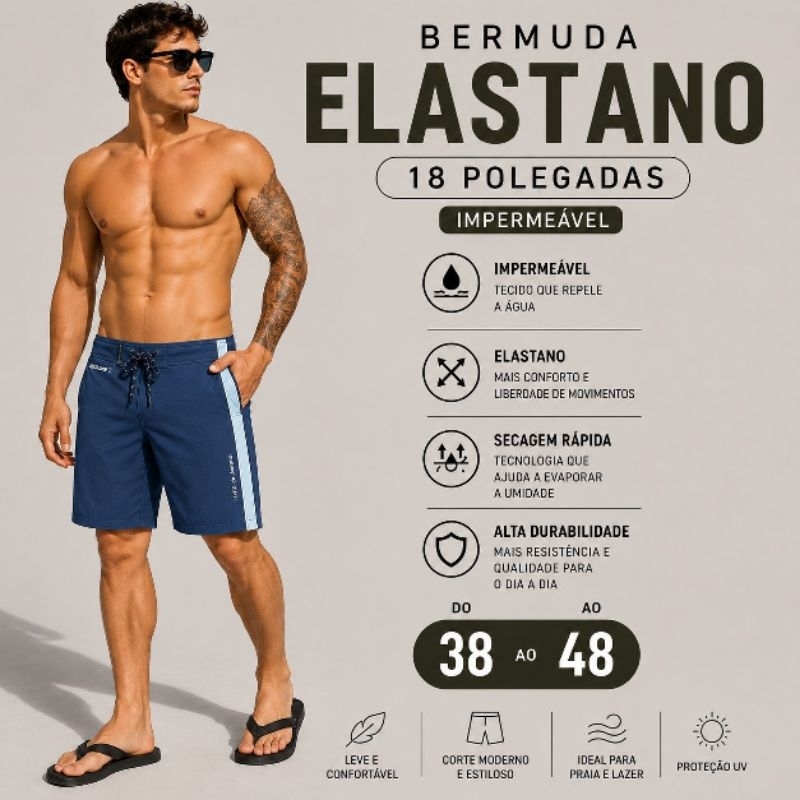 Bermuda Boardshort Tactel Com Elastano Impermeavel 18"Polegadas do 38 ao 48