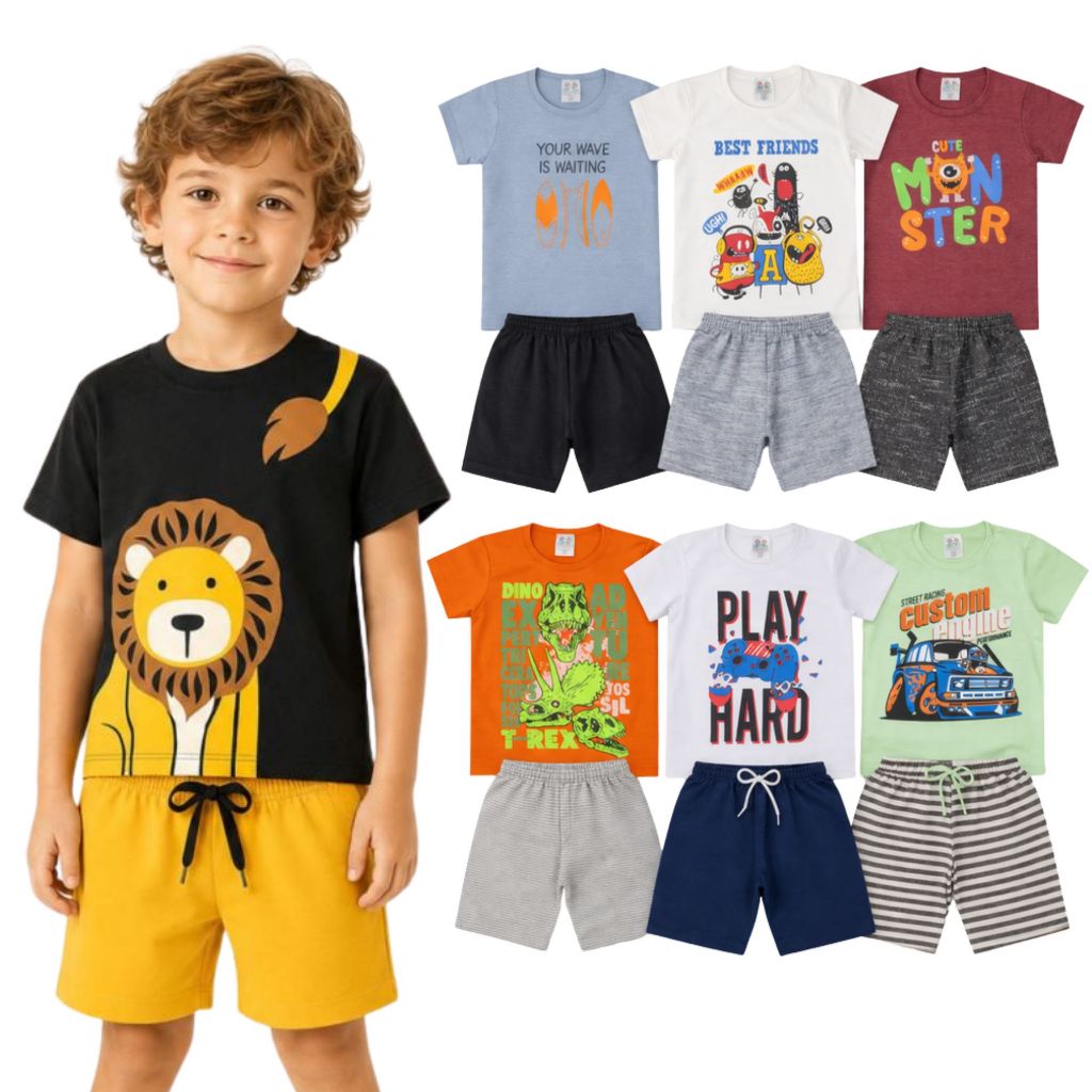Kit 4 Conjuntos Infantil Menino Verão 4 Camisetas de Algodão + 4 Bermudas Moletinho Roupa Masculina M ao 14 Cor Sortida