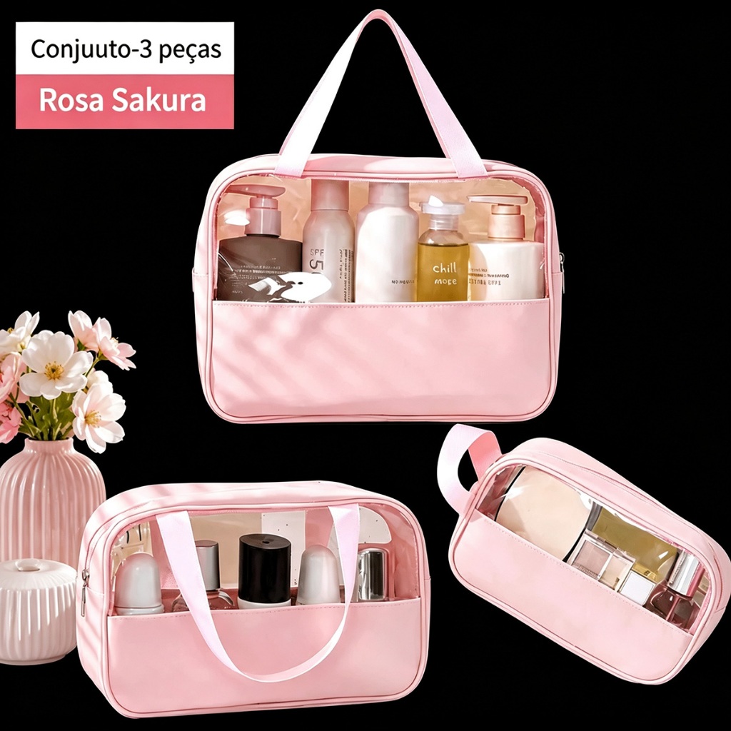 3 Necessaires Transparentes para Viagem - Organize Cosméticos e Produtos de Higiene Pessoal