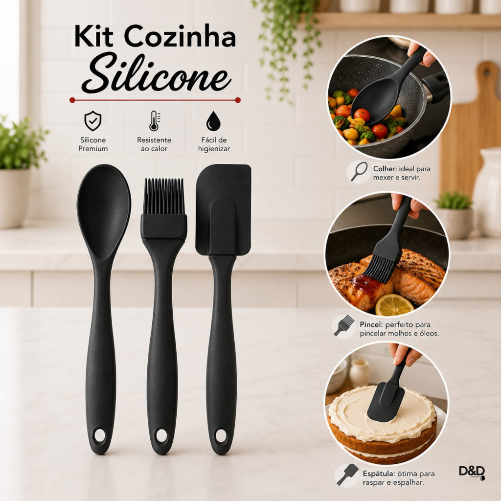 Conjunto 4 Utensilios para Cozinha de Nylon Cabo Silicone Escumadeira Concha Espatula Pegador Massa