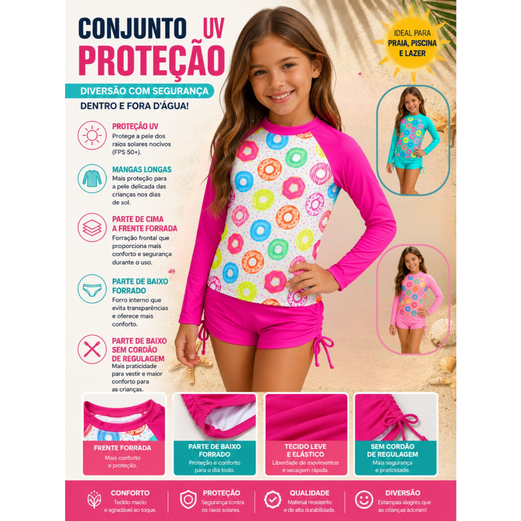 Biquini Juvenil Menina UV 50+ Camiseta Proteção Solar + Calcinha Confortável Piscina Verão