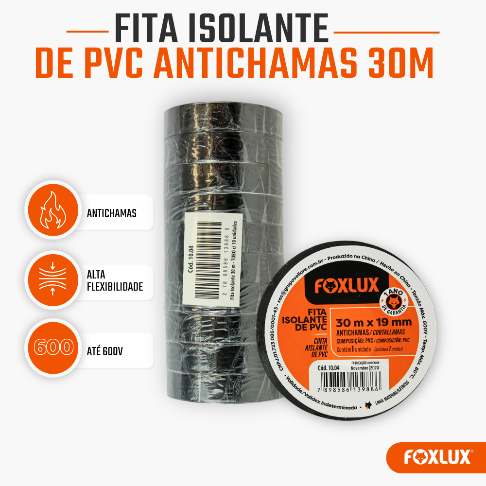 Fita Isolante PVC Antichamas Foxlux 30m x 19mm 600V Kit com 10