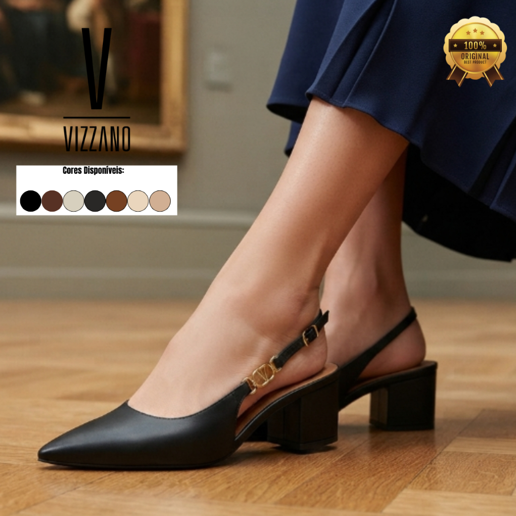 Scarpin Vizzano Feminino Slingback Salto Grosso Baixo Fino Detalhe Metalizado Confortável Original