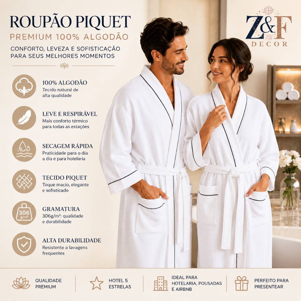 Roupão de Banho Piquet 100% Algodão Hotel Spa Luxo Premium Unissex Airbnb Pousada Robe 306g M GG — imagem 2 de 2