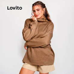 Lovito Suéter Feminino de Tricot Oversized com Gola Alta SWB22942324