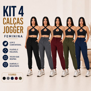 Kit 4 Calças Jogger Feminina Tecido Leve Com Bolsos Cós Elástico Confortável Academia Caminhada Lazer