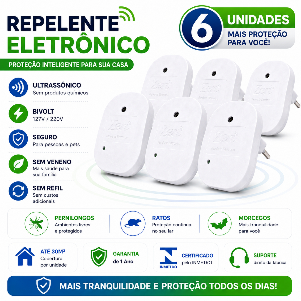 Kit 6 Repelentes Eletrônicos Zen com Inmetro Bivolt