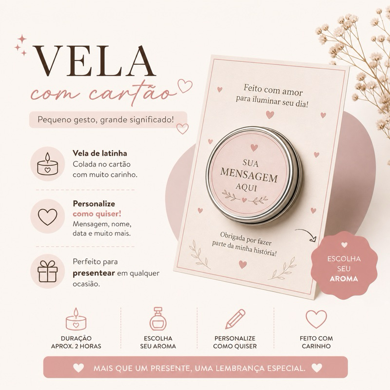 Vela Aromática Personalizada na Latinha com Cartão | Lembrancinha para Casamento, Batizado e Aniversário