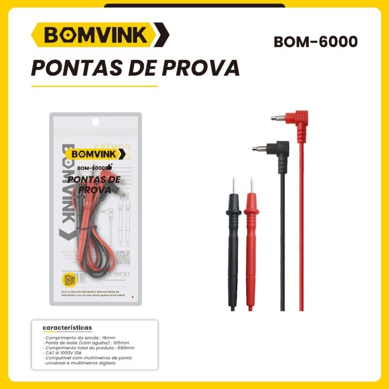 Ponta De Prova Pino 90° Cabo Para Multímetro BOM-6000
