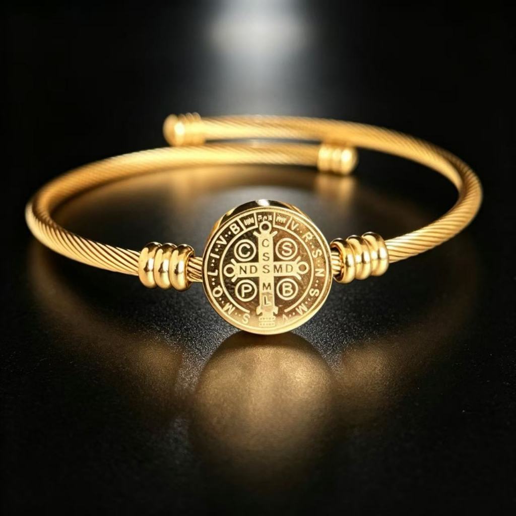 Pulseira Bracelete Ajustável em Aço Inox Medalha São Bento Unissex Dourada e Prata