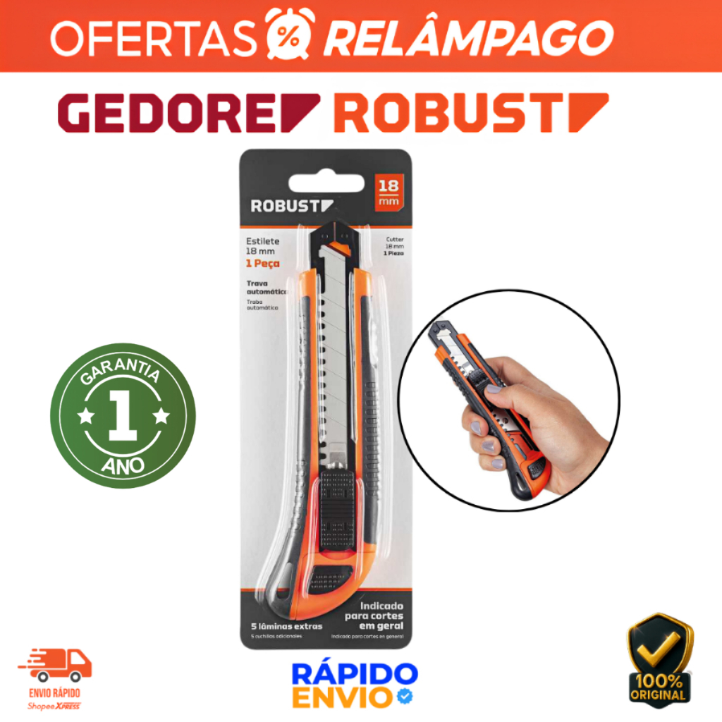 Estilete Largo 18mm Gedore Robust Cabo Emborrachado com 5 Lâminas Profissional Resistente
