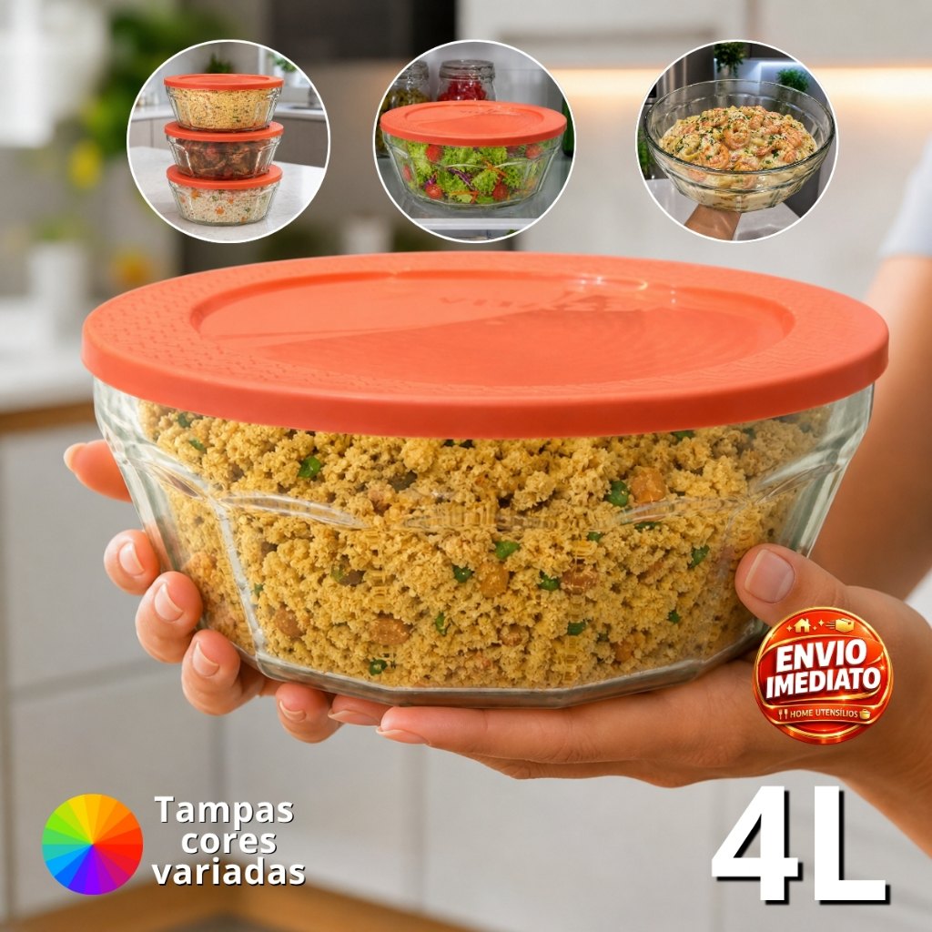 Tigela Pote Redondo De Vidro Saladeira 4 Litros Tampa Plastica