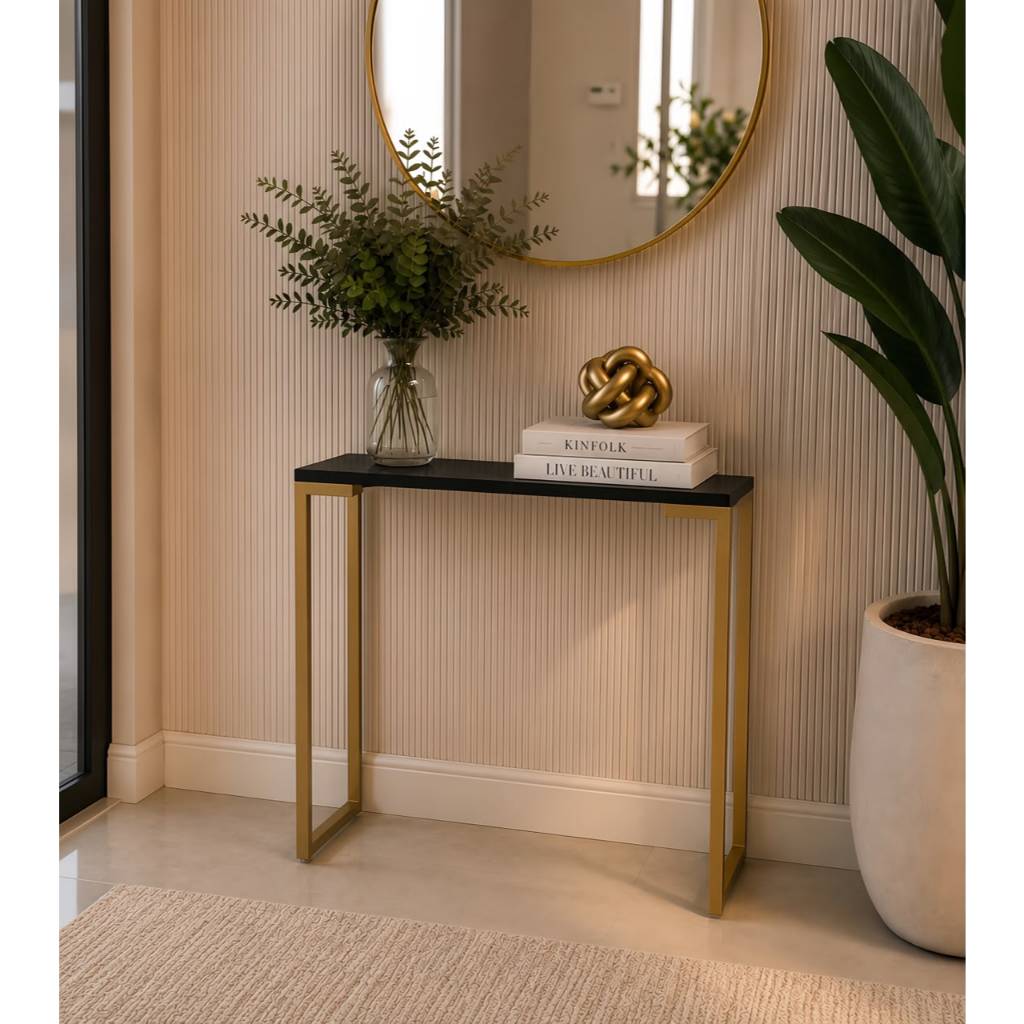Mesa Buffet Balcão Aparador Industrial para Sala e Hall Pé Dourado Elegante 68X30X76
