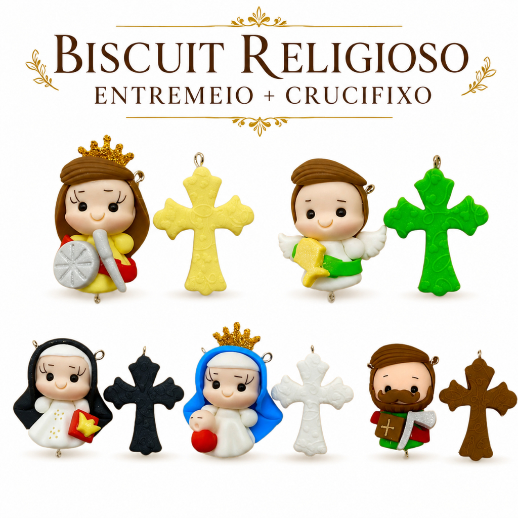 Kit Biscuit Entremeio e Crucifixo Rosário Espírito Santo para Artesanato Lembrancinhas Batizado Primeira Comunhão
