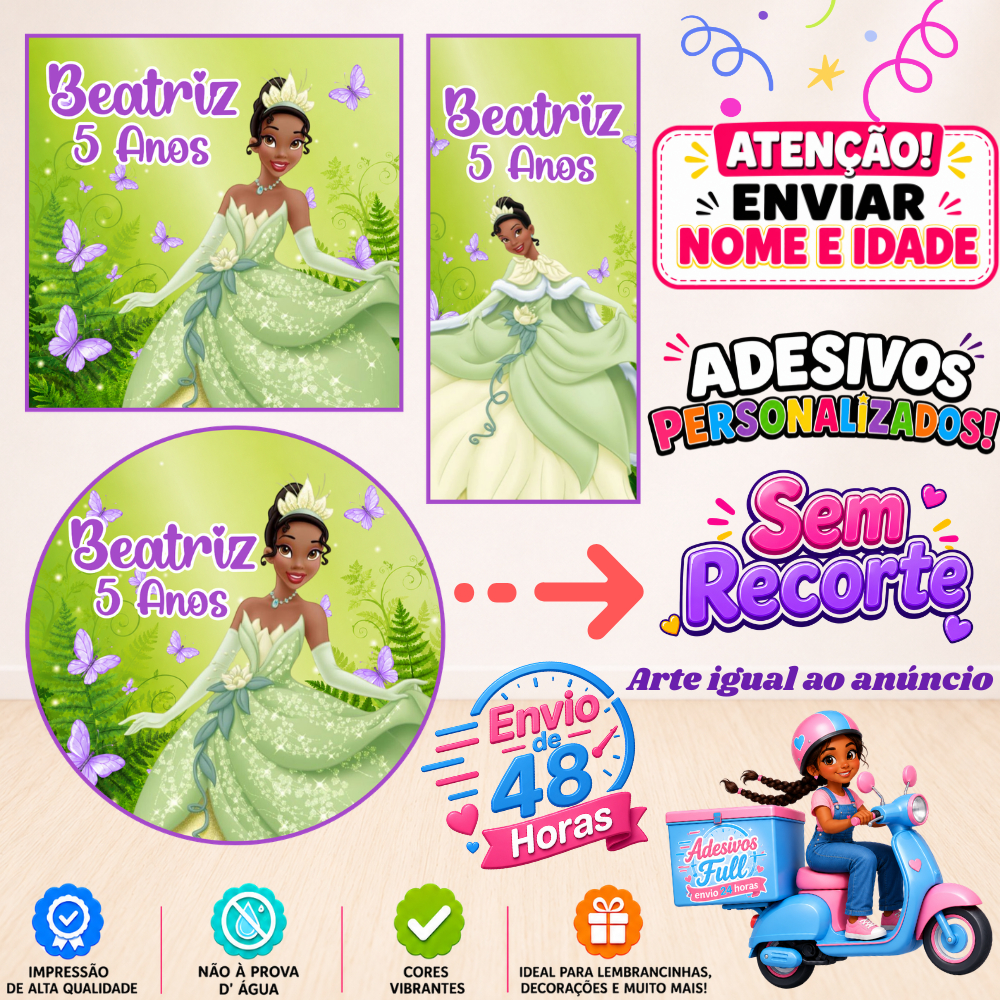 A Princesa e o Sapo - 100/60/40 Adesivos Personalizados Lembrancinhas Festa Aniversário