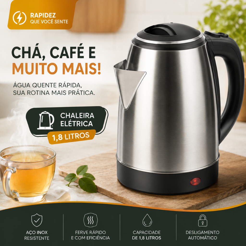Chaleira elétrica em aço inoxidável 1,8L - 110V/220V - Fervura rápida - Desligamento automático