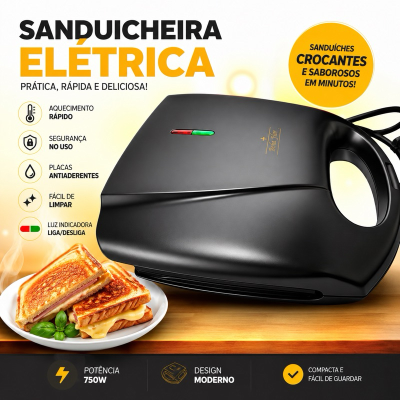 Sanduicheira Grill Eletrica 127v Anti-Aderente 750w Preta