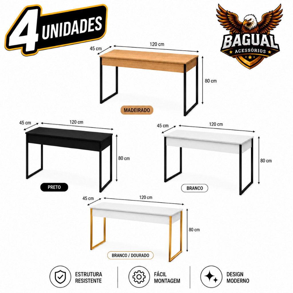 Mesa Escrivaninha 120cm/90cm Para Escritório Computador - Detalhada - Leve - Pés de Alumínio Pintura Eletrostática