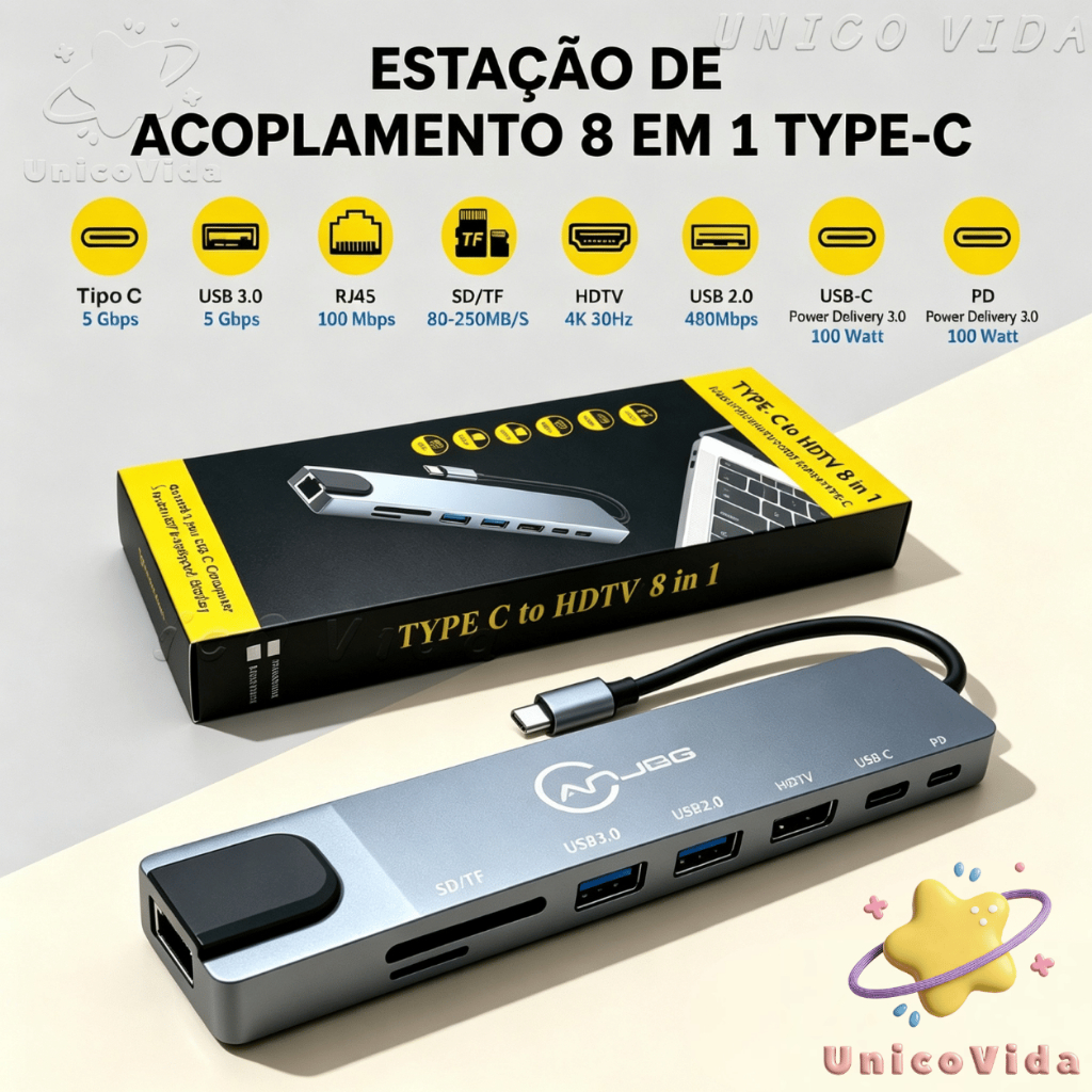 Hub USB-C Estação Dock 8 em 1 com HDMI 4K RJ45 USB 3.0 SD TF para Trabalho e Home Office | UnicoVida