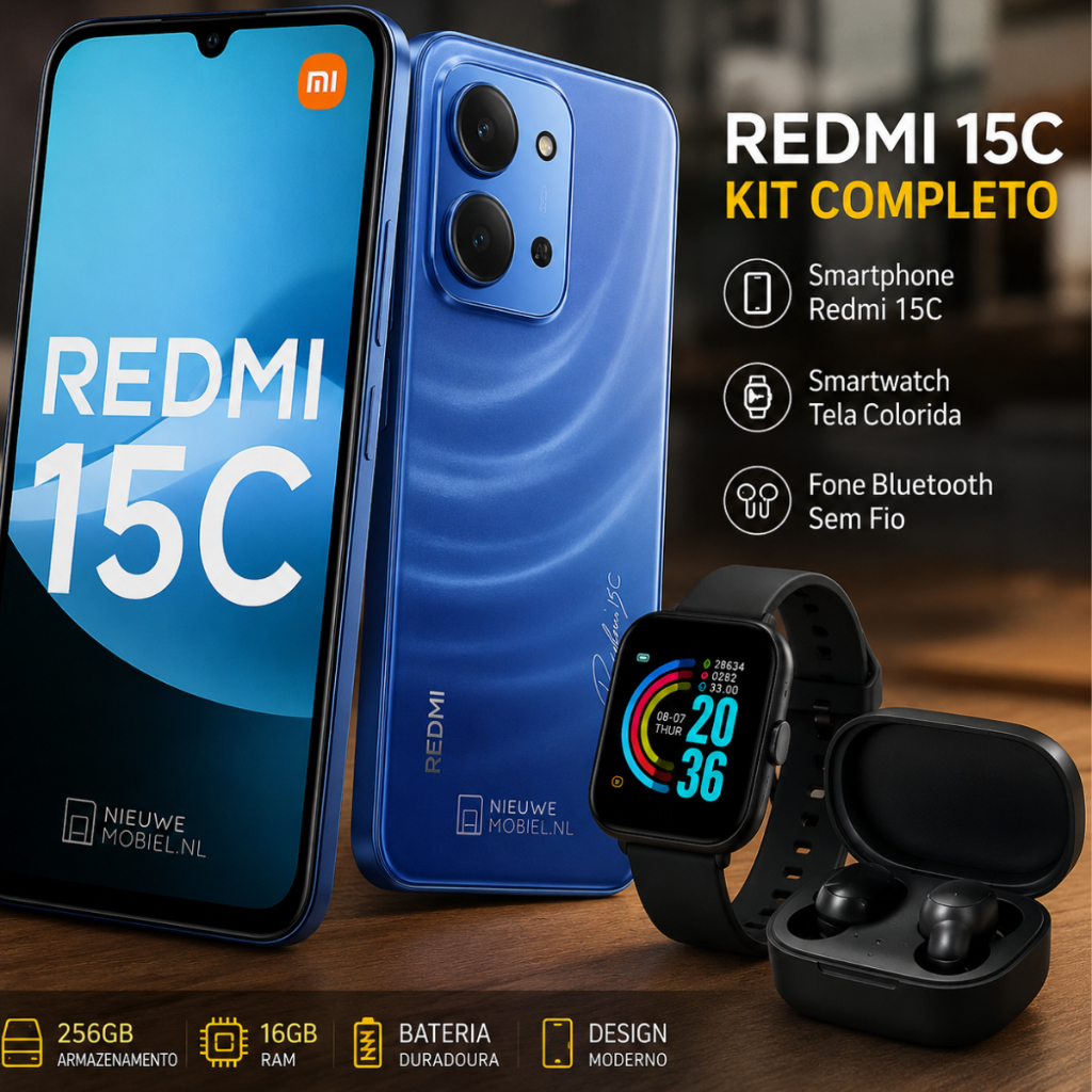 Celular Smatphone 15C 256GB 8GB RAM Dual SIM + Fone e Relógio + NF
