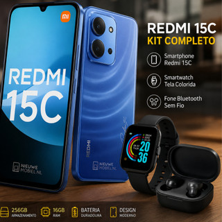 Celular Smatphone 15C 256GB 8GB RAM Dual SIM + Fone e Relógio + NF