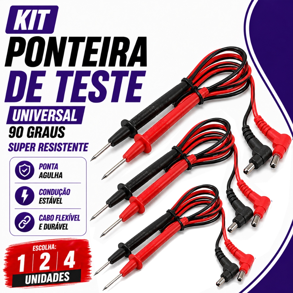 Cabo Teste Ponta de Prova 90 Graus 1000v 80cm Agulha Universal P/ Multimetro Amperímetro