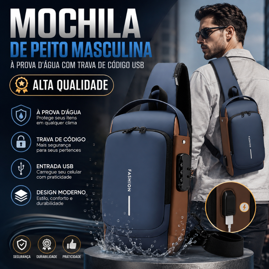 Mochila De Peito Masculina À Prova D'água Com Trava De Código Usb Alta Qualidade