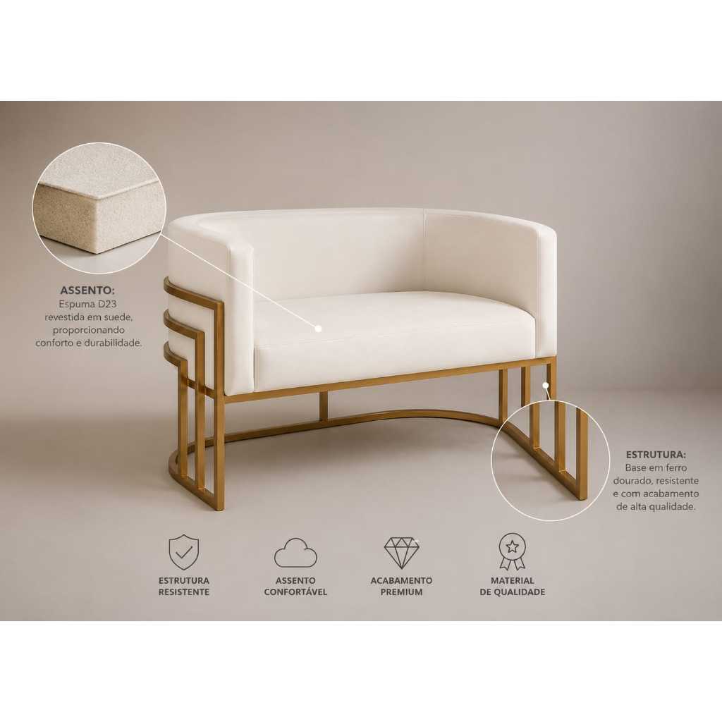 Namoradeira Sofá Estofado Corino Branco Base em Ferro Dourado 2 Lugares Moderno Recepção Consultório Elegante Compacto
