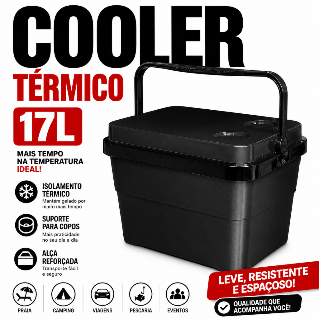 Cooler Caixa Térmica 17 Litros Com Trava e Alça Reforçada Porta Copos Toy