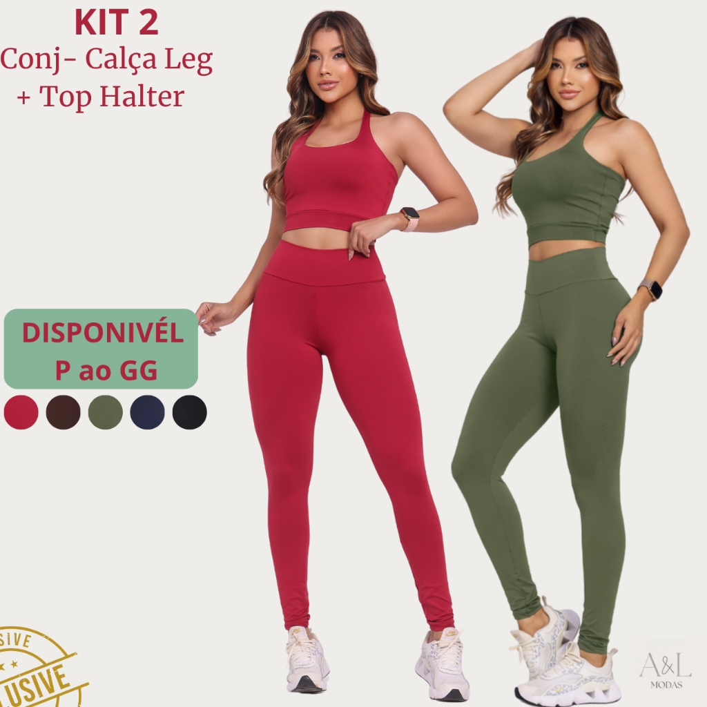 Kit 2 Conjunto Fitness Calça Legging + Top Halter Costas Nuas Zero Transparência Supléx Academia Crossfit  Feminina