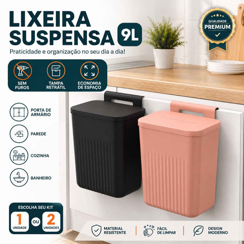 Kit 2 ou 1 Lixeira Suspensa 9L Sem Furo Tampa Retrátil Porta Armário Multiuso