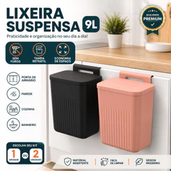 Kit 2 ou 1 Lixeira Suspensa 9L Sem Furo Tampa Retrátil Porta Armário Multiuso