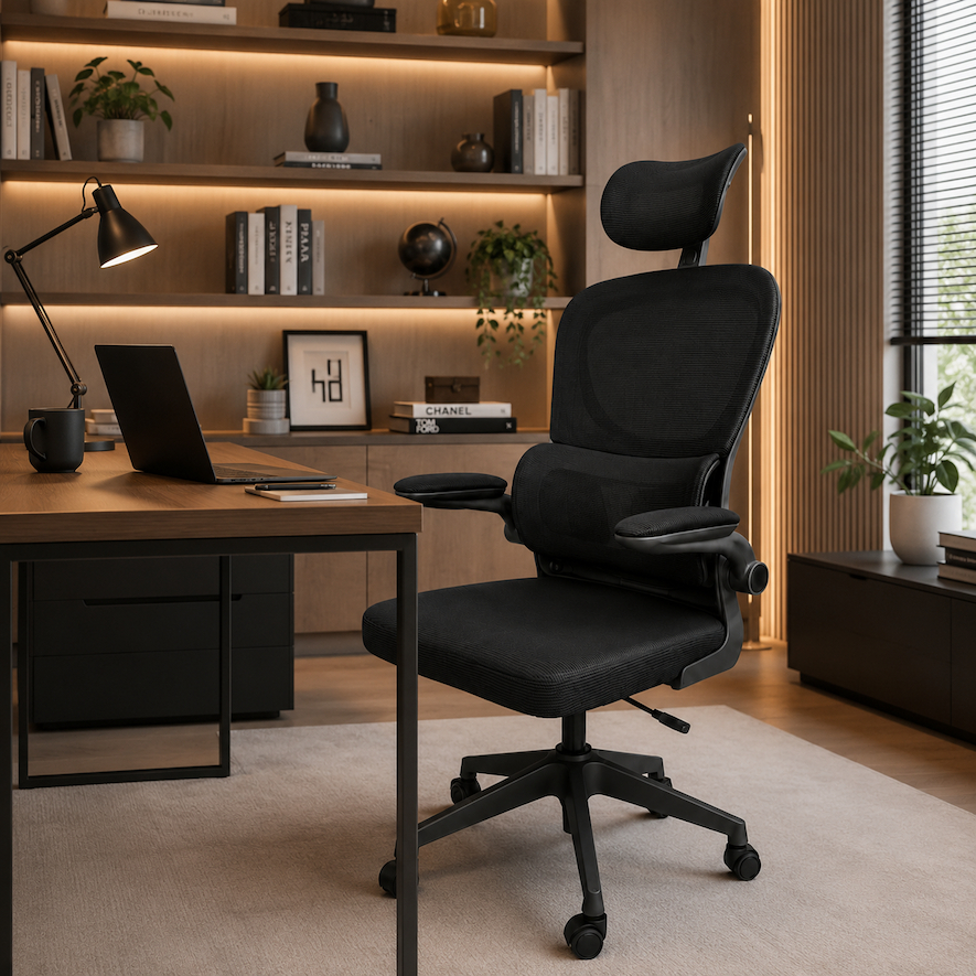 Cadeira de escritório ergonômica com rodinhas giratória inclinável apoio lombar braço espuma tela mesh altura regulável