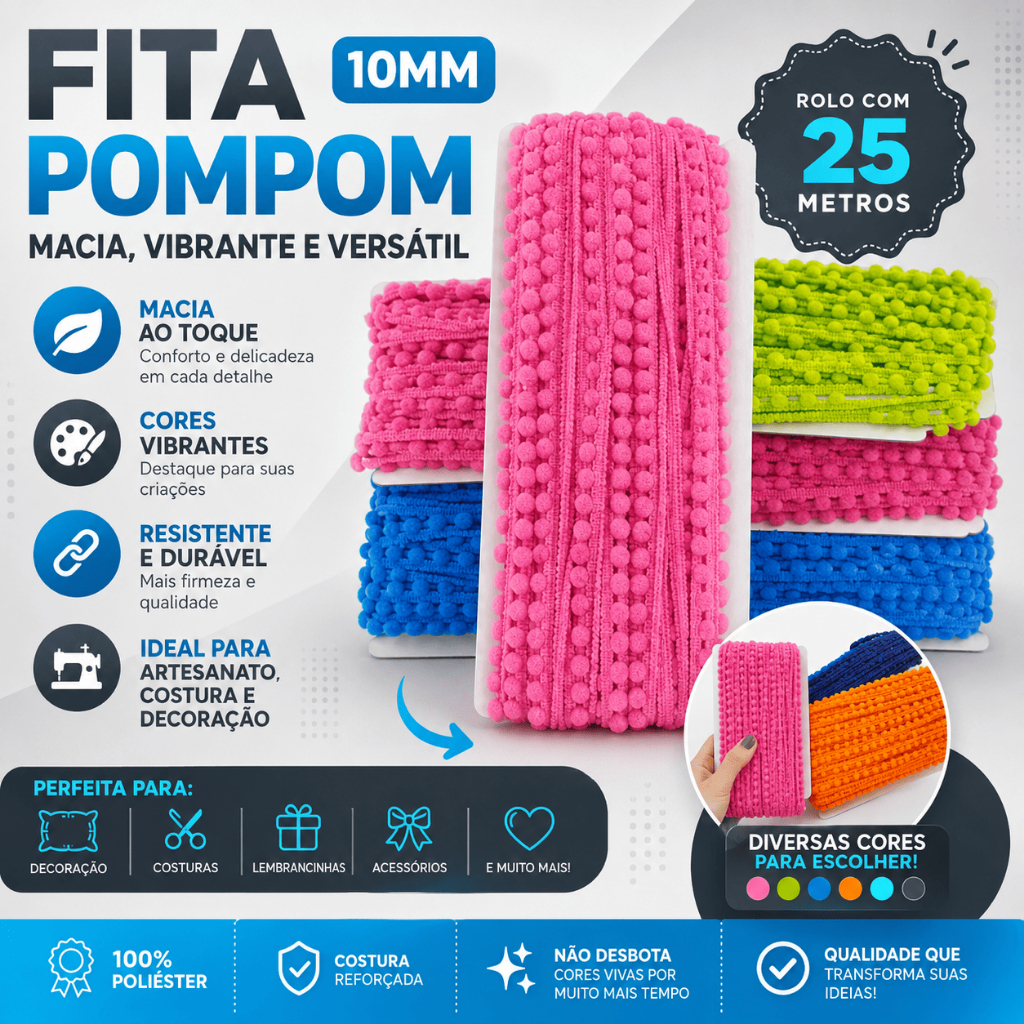 Fita Pompom 10mm C/25 Metros | Ideal Para Artesanato, Costura, Decoração e Fantasias - AERO