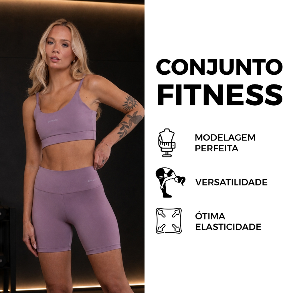 Conjunto Fitness  Encanto - Top + Shorts Cintura Alta Treino Academia - Modelagem Slim Encanto
