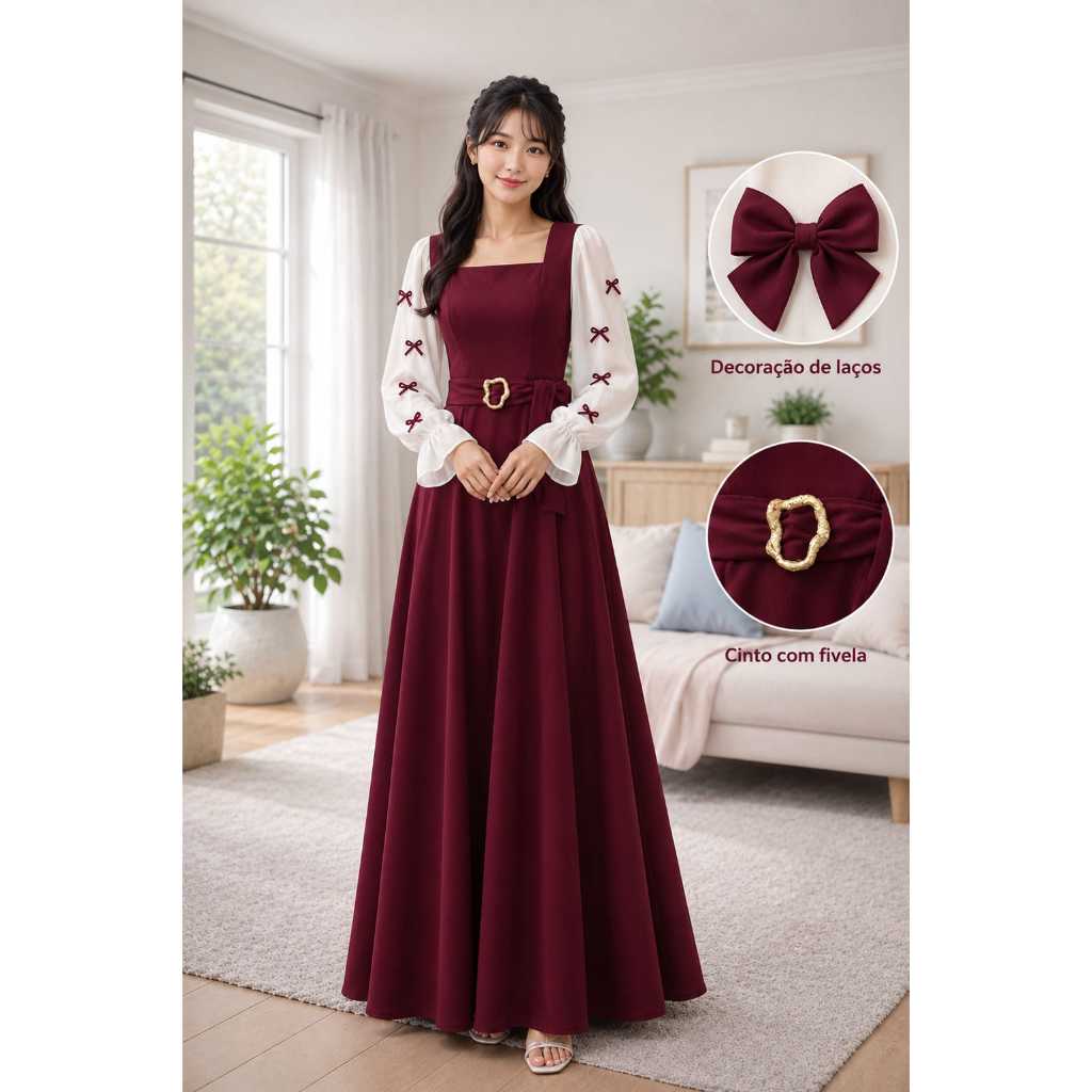 Vestido Longo Festa Elegante Feminino Manga Transparente com Laços Vestido Social Sofisticado