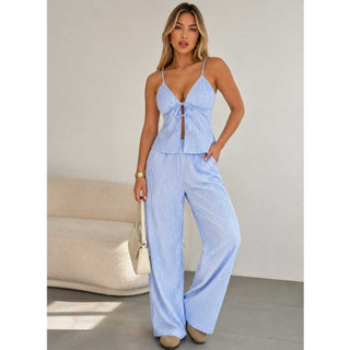 Conjunto Feminino  LISTRADO  Casual Calça E Blusa Cropped Alça Regulavel Calça  Forrado Tendencia Listras